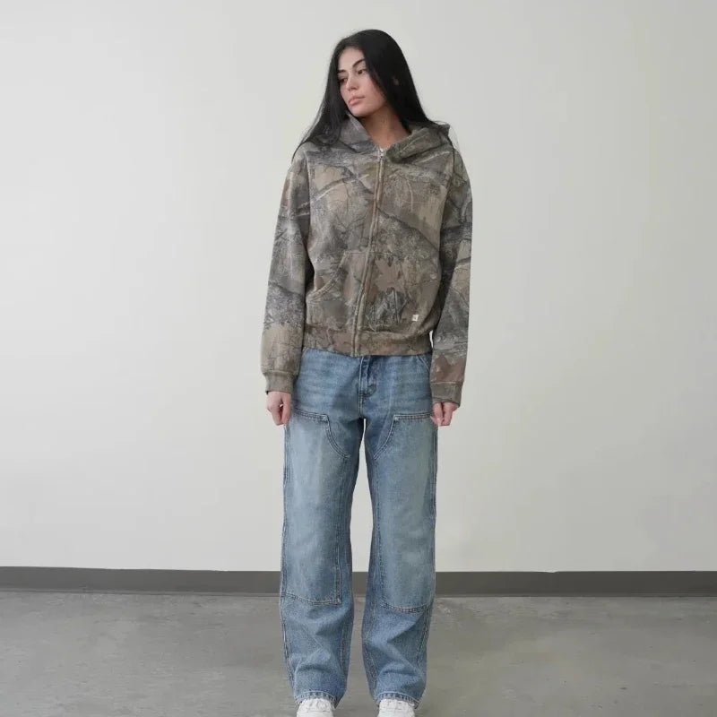 Retro Streetwear Camouflage Zip-Up
