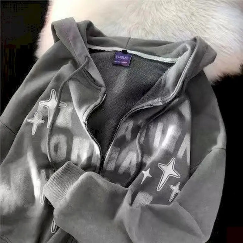 Retro Star Print Zip Oversized Hoodies