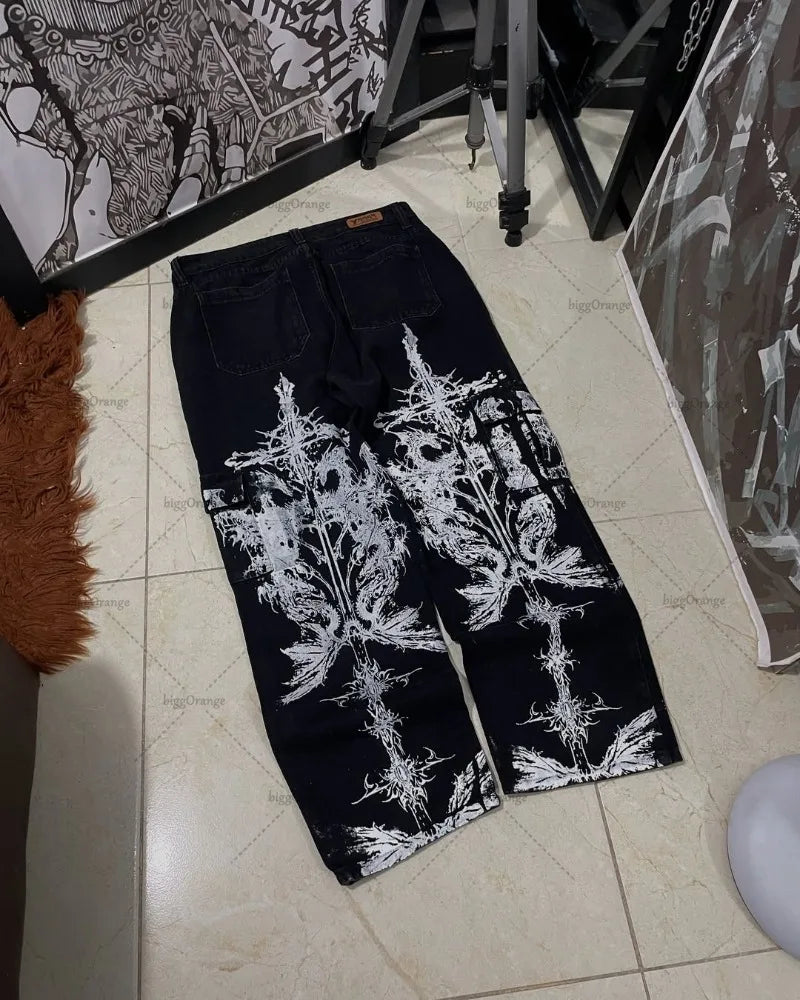 Y2K Cross Print Baggy Jeans