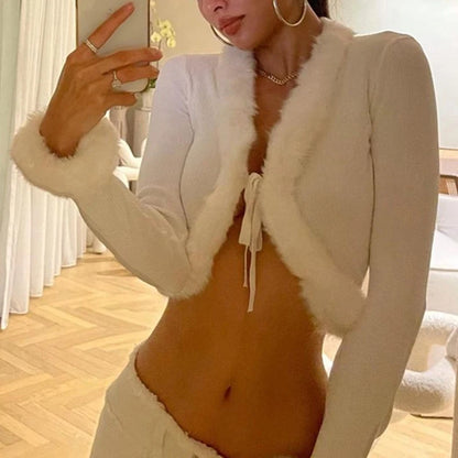 White Long Sleeve Cropped Feather Trim Cardigan