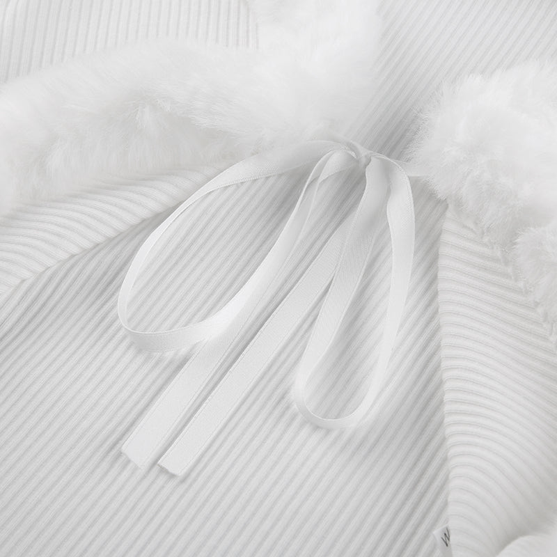 White Long Sleeve Cropped Feather Trim Cardigan