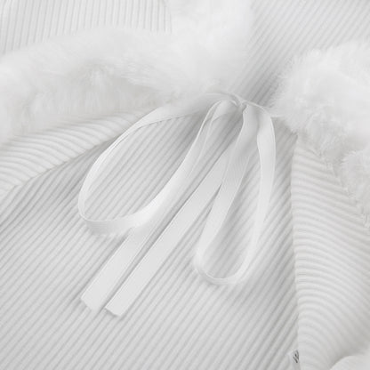 White Long Sleeve Cropped Feather Trim Cardigan