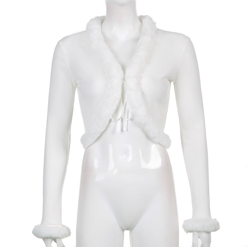 White Long Sleeve Cropped Feather Trim Cardigan