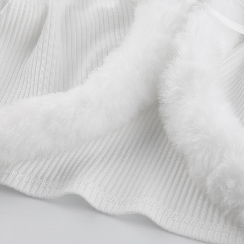 White Long Sleeve Cropped Feather Trim Cardigan
