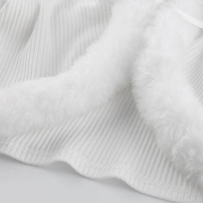 White Long Sleeve Cropped Feather Trim Cardigan