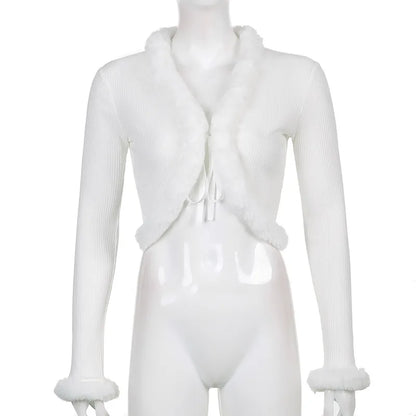 White Long Sleeve Cropped Feather Trim Cardigan