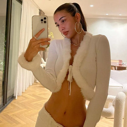 White Long Sleeve Cropped Feather Trim Cardigan