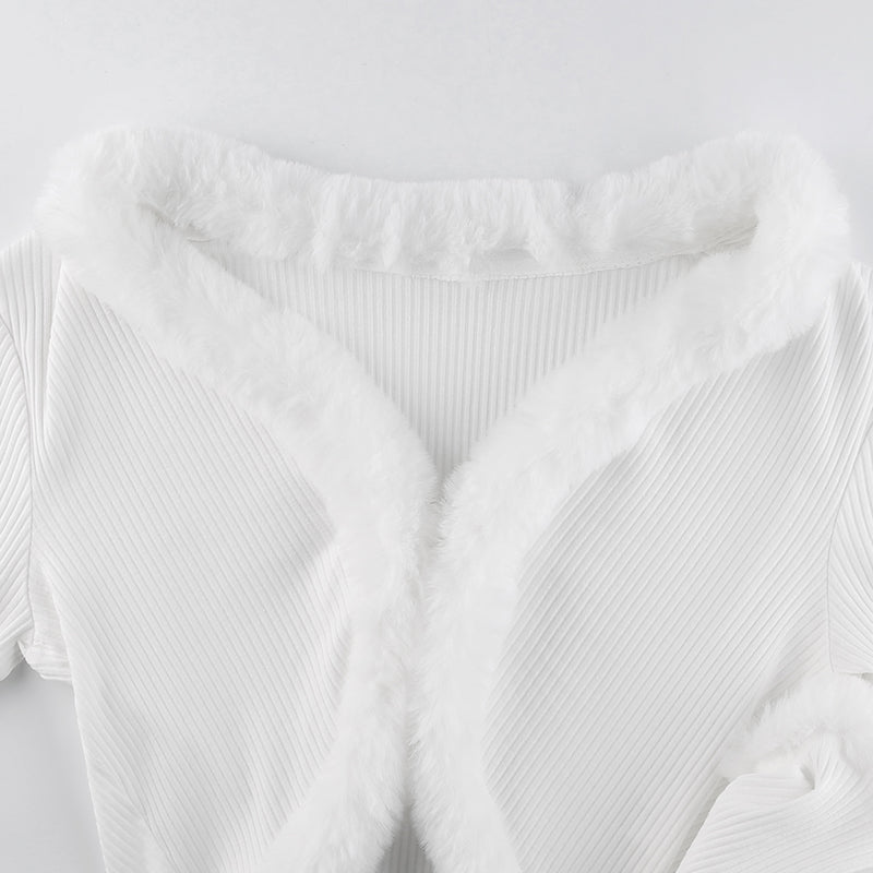 White Long Sleeve Cropped Feather Trim Cardigan