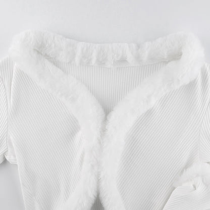 White Long Sleeve Cropped Feather Trim Cardigan