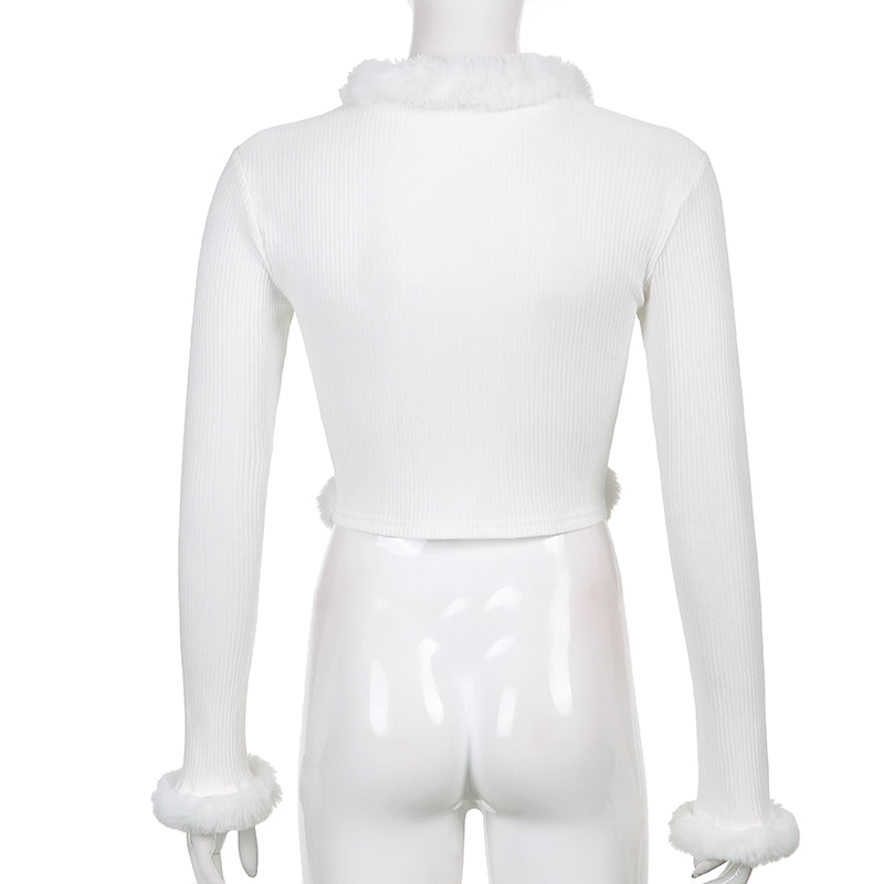 White Long Sleeve Cropped Feather Trim Cardigan