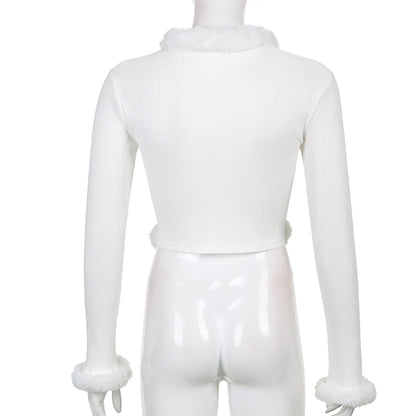 White Long Sleeve Cropped Feather Trim Cardigan