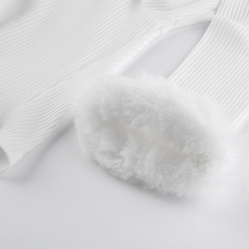 White Long Sleeve Cropped Feather Trim Cardigan