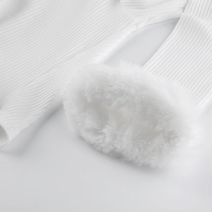 White Long Sleeve Cropped Feather Trim Cardigan