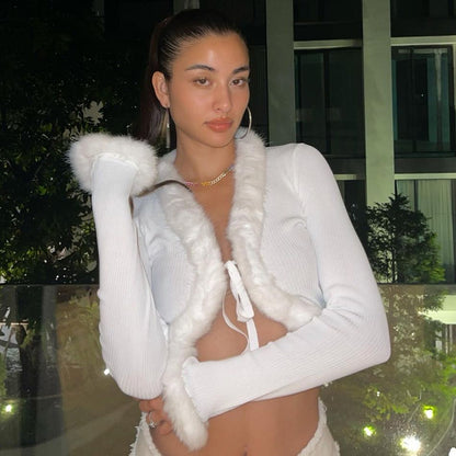 White Long Sleeve Cropped Feather Trim Cardigan