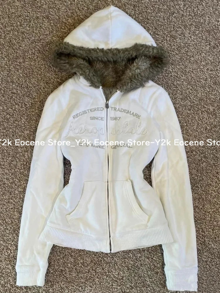 Vintage Letter Fur Collar Hooded Sweatshirt
