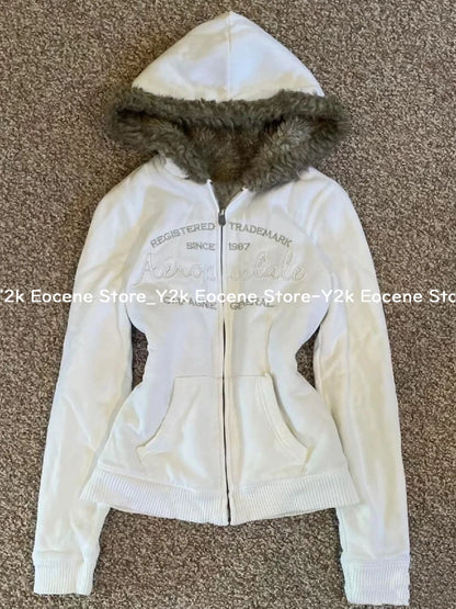 Vintage Letter Fur Collar Hooded Sweatshirt