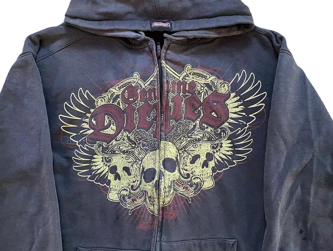 Y2k Vintage Gothic Fashion Skull Print Zip Up