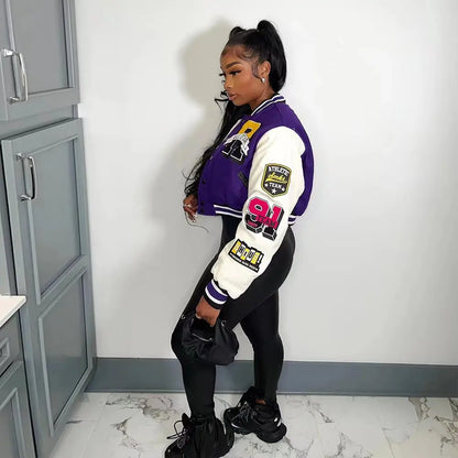 LW Baseball Collar Letter Print Varsity Jacket