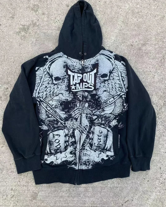 2000s TAP OUT Skull Print Retro Hoodie