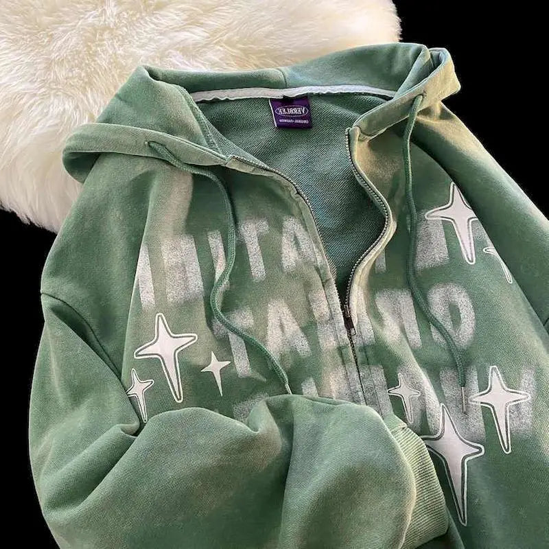 Retro Star Print Zip Oversized Hoodies