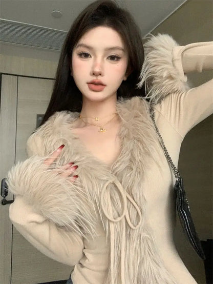 Long Sleeve Female Vintage Furry Crop Top