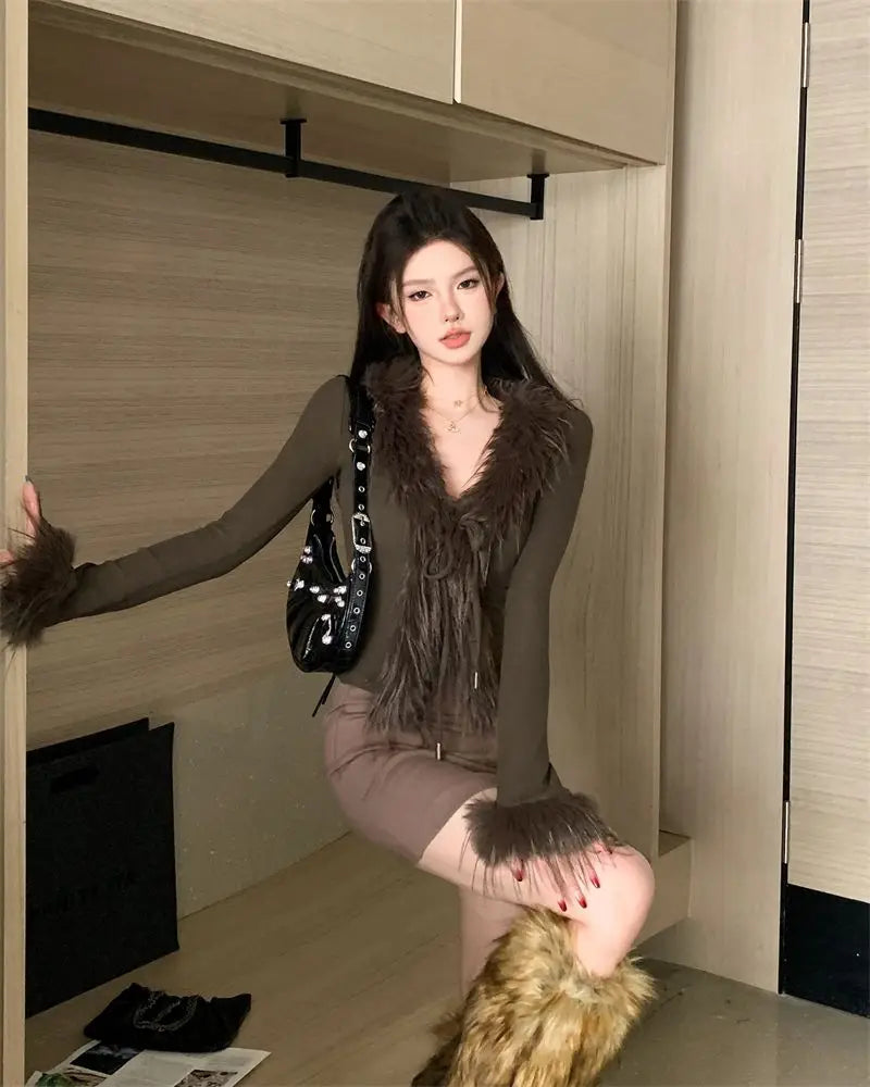 Long Sleeve Female Vintage Furry Crop Top
