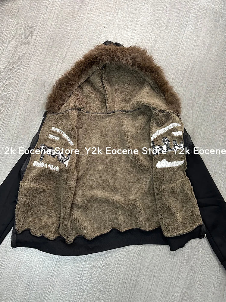 Vintage Letter Fur Collar Hooded Sweatshirt