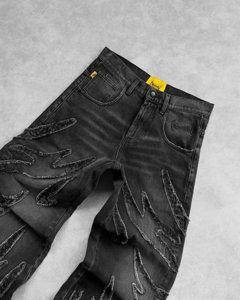 Distressed Embroidery Baggy Jeans