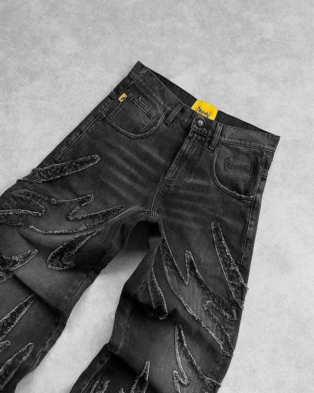 Distressed Embroidery Baggy Jeans