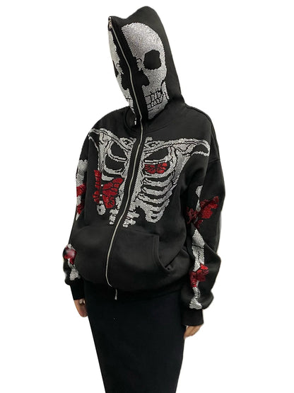 Skeleton Print Full Zip Up Punk Hoodie