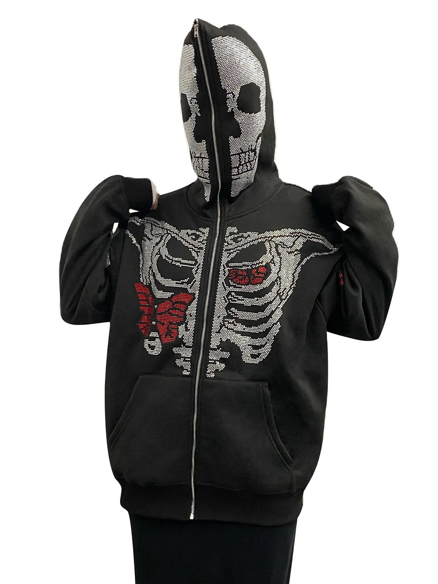 Skeleton Print Full Zip Up Punk Hoodie