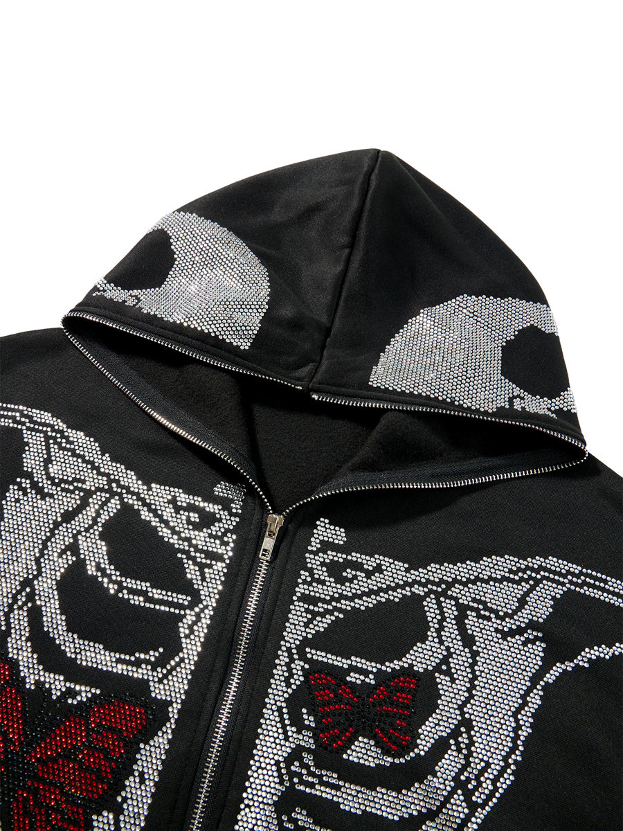 Skeleton Print Full Zip Up Punk Hoodie