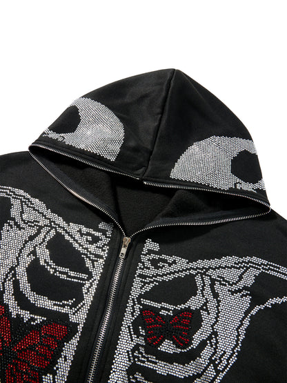 Skeleton Print Full Zip Up Punk Hoodie