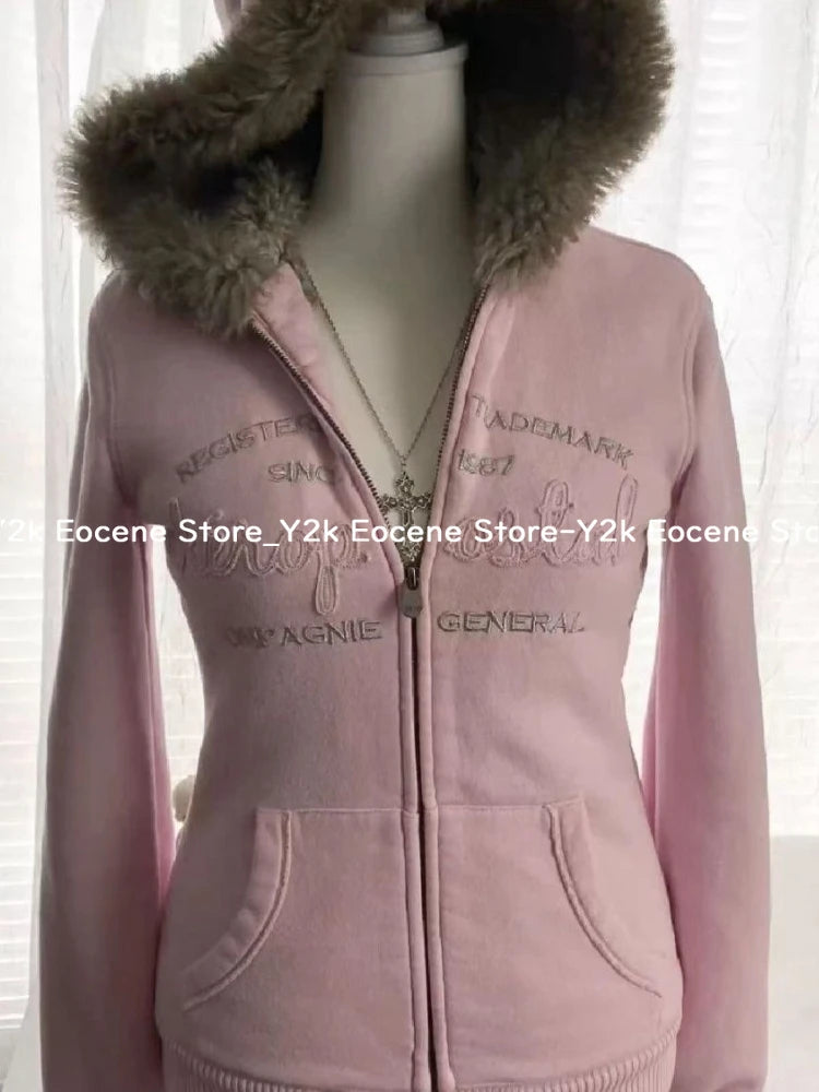 Vintage Letter Fur Collar Hooded Sweatshirt
