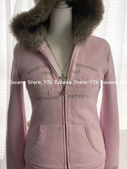 Vintage Letter Fur Collar Hooded Sweatshirt