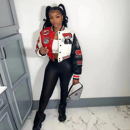 LW Baseball Collar Letter Print Varsity Jacket