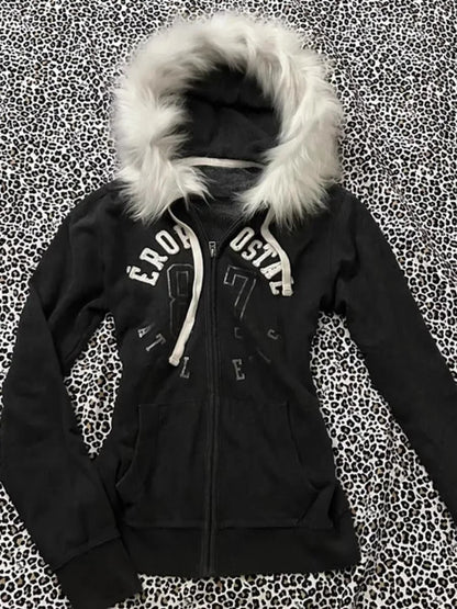 Retro Fur Hoodie Streetwear Y2K