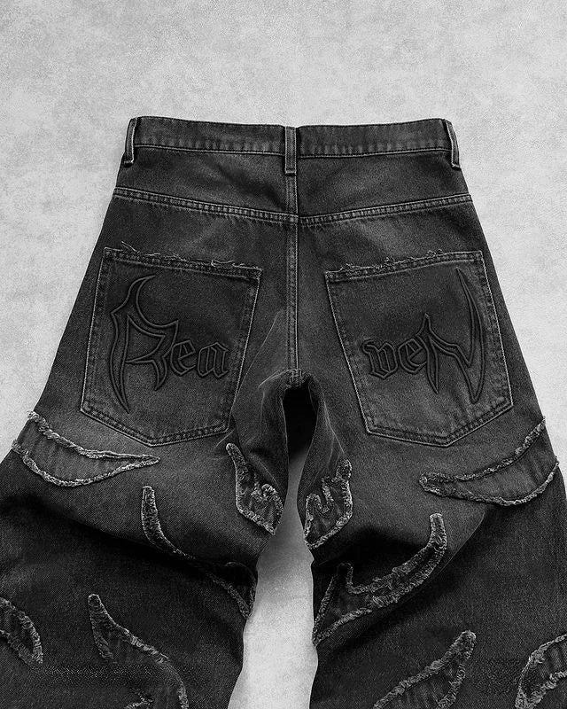Distressed Embroidery Baggy Jeans