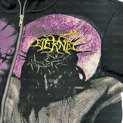 Goth Print Graphic Zip-Up Jackets