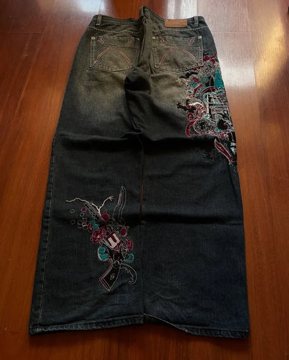 High Waist Graphic Embroidery Oversized Jeans