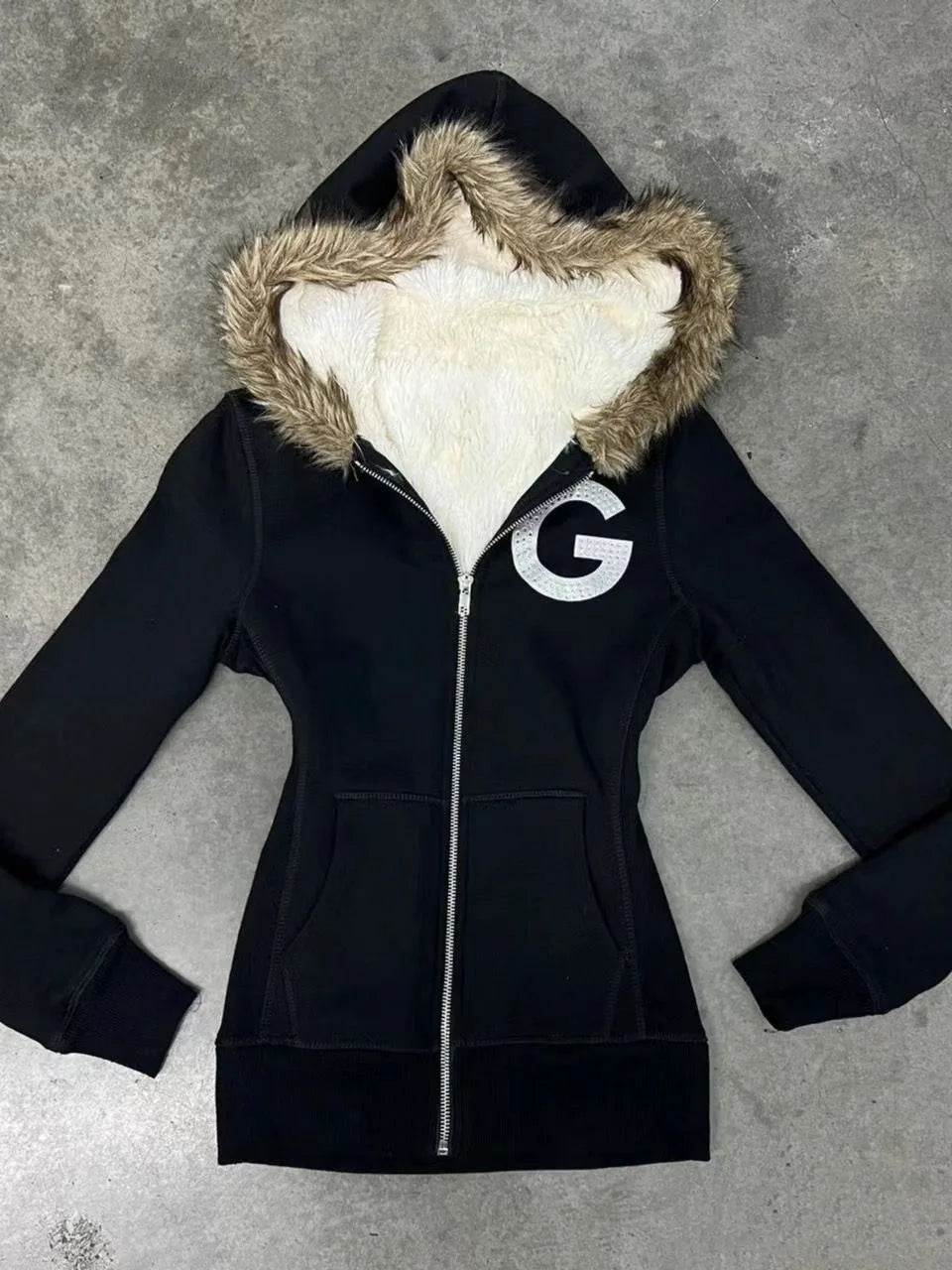 Vintage Letter Fur Collar Hooded Sweatshirt