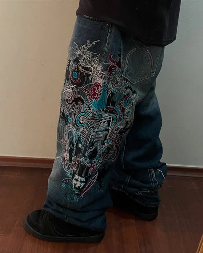 High Waist Graphic Embroidery Oversized Jeans