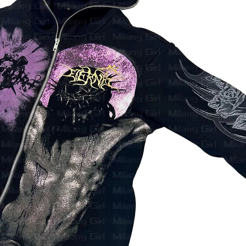 Goth Print Graphic Zip-Up Jackets