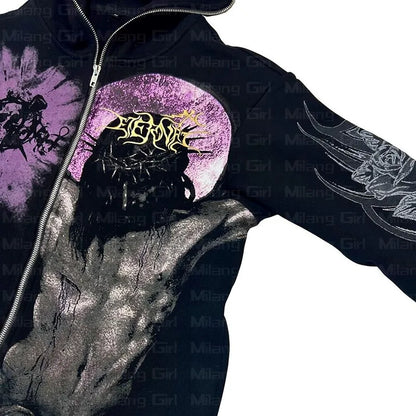 Goth Print Graphic Zip-Up Jackets