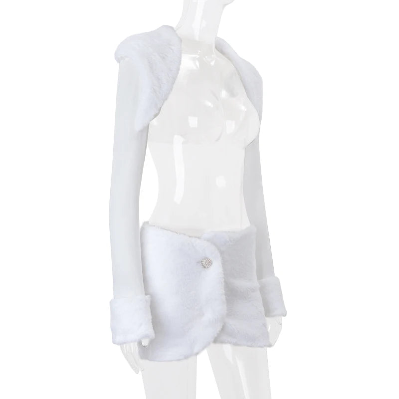 Candyhot Faux Fur Long Sleeve Cardigan and Mini Skirt Y2K 2 Pieces Set