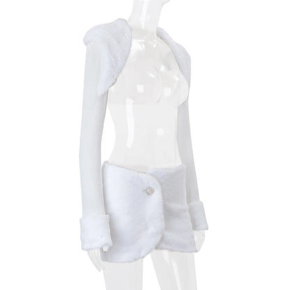 Candyhot Faux Fur Long Sleeve Cardigan and Mini Skirt Y2K 2 Pieces Set