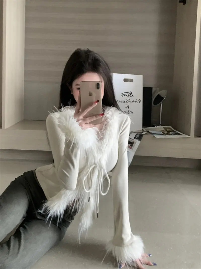 Long Sleeve Female Vintage Furry Crop Top