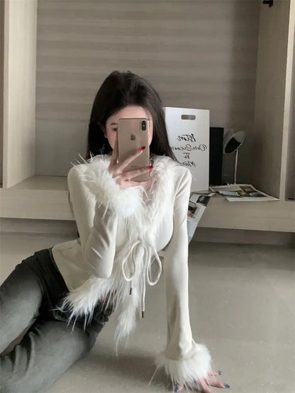 Long Sleeve Female Vintage Furry Crop Top