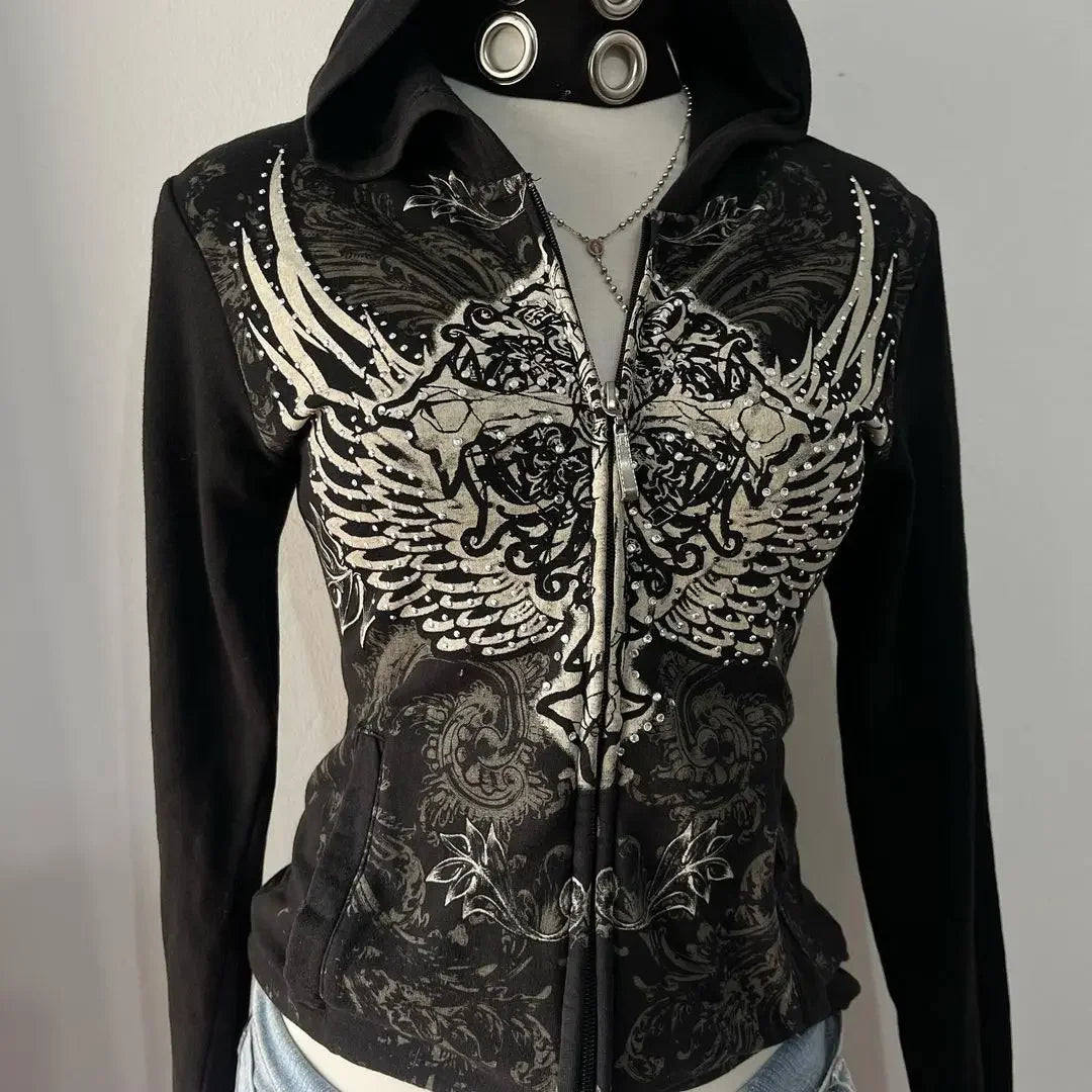 gothic wings rhinestone zipper hoodie