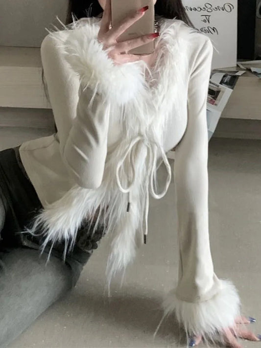 Long Sleeve Female Vintage Furry Crop Top